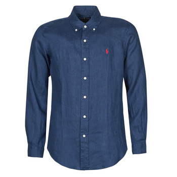 material Men long-sleeved shirts Polo Ralph Lauren CHEMISE AJUSTEE EN LIN COL BOUTONNE  LOGO PONY PLAYER Blue