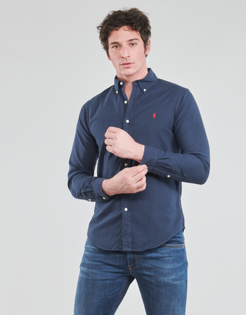 Clothing Men long-sleeved shirts Polo Ralph Lauren CHEMISE CINTREE SLIM FIT EN OXFORD LEGER TYPE CHINO COL BOUTONNE Marine
