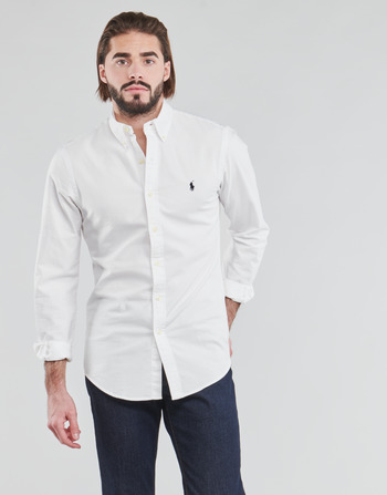 Clothing Men long-sleeved shirts Polo Ralph Lauren CHEMISE CINTREE SLIM FIT EN OXFORD LEGER TYPE CHINO COL BOUTONNE White