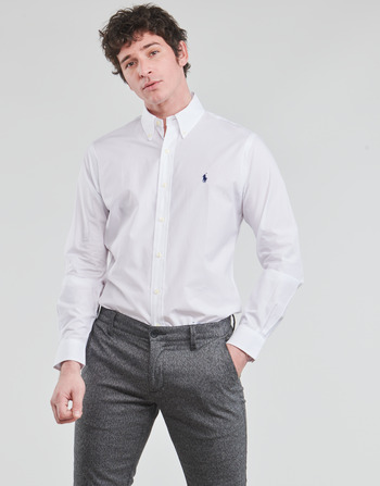 Clothing Men long-sleeved shirts Polo Ralph Lauren CHEMISE AJUSTEE EN POPLINE DE COTON COL BOUTONNE  LOGO PONY PLAY White