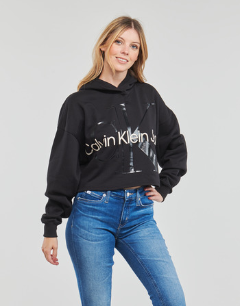 Clothing Women sweaters Calvin Klein Jeans GLOSSY MONOGRAM HOODIE Black