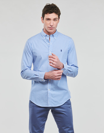 Clothing Men long-sleeved shirts Polo Ralph Lauren CHEMISE AJUSTEE SLIM FIT EN POPELINE RAYE Blue / White