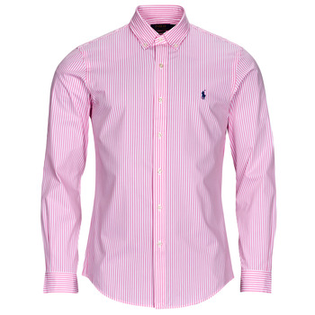 Clothing Men long-sleeved shirts Polo Ralph Lauren CHEMISE AJUSTEE SLIM FIT EN POPELINE RAYE Pink / White