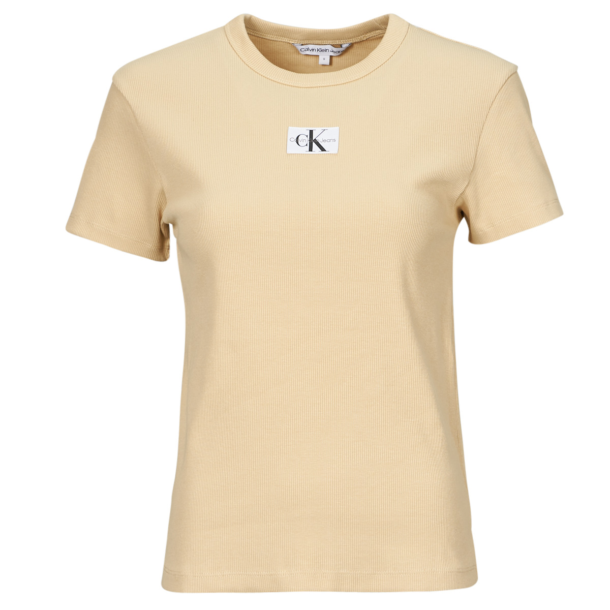 Women ! Europe delivery Clothing Klein WOVEN Beige | - TEE 44,00 - Jeans short-sleeved LABEL t-shirts Spartoo REGULAR € Fast RIB Calvin