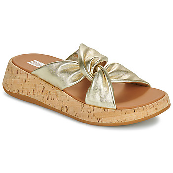 Shoes Women Mules FitFlop F-Mode Leather-Twist Flatform Slides (Cork Wrap) Gold