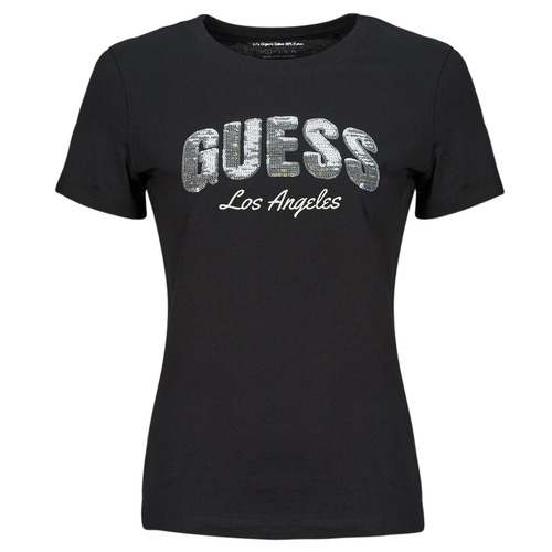 Clothing Women short-sleeved t-shirts Guess SEQUINS LOGO TEE Black