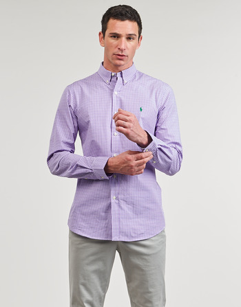 Clothing Men long-sleeved shirts Polo Ralph Lauren CHEMISE AJUSTEE SLIM FIT EN POPELINE RAYE Violet / White / Lavender / White