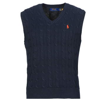 Clothing Men jumpers Polo Ralph Lauren PULL COTON CABLE COL V SANS MANCHE Marine / Hunter / Navy